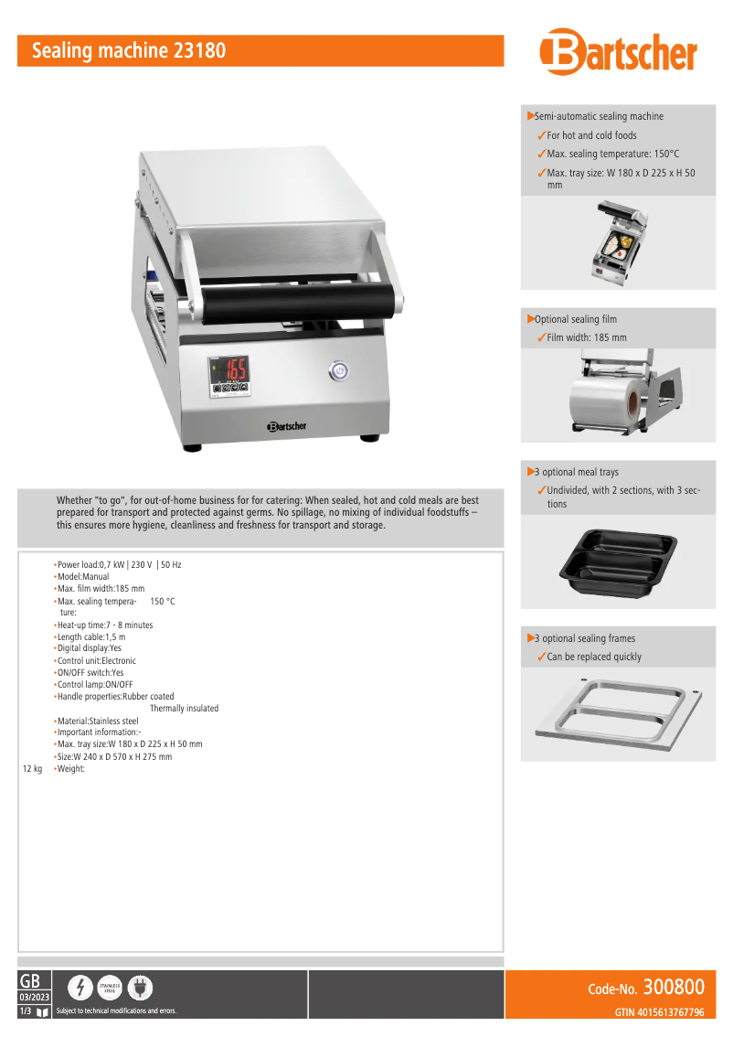 Page n°1 - Fiche technique Bartscher 23180
