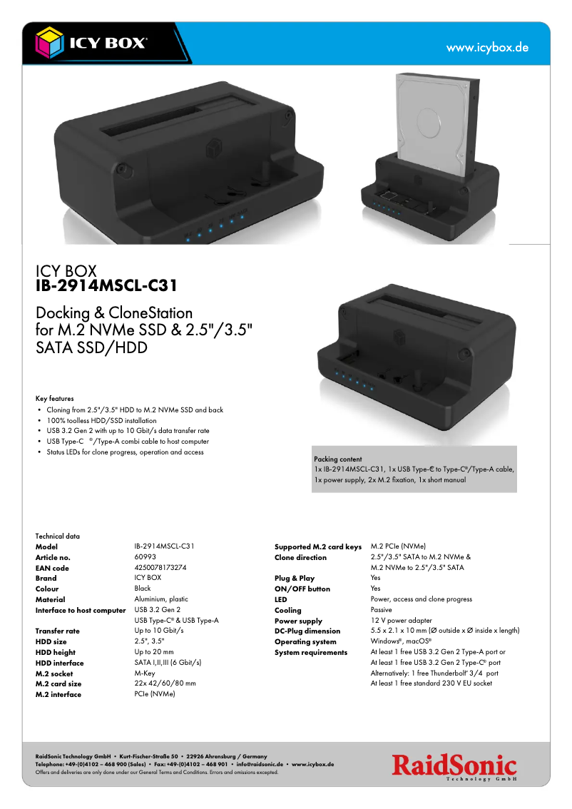 Page 1 de la notice Fiche technique Icy Box IB-2914MSCL-C31