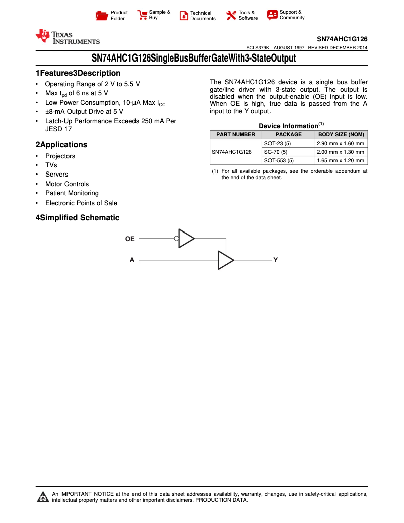 Page 1 de la notice Manuel utilisateur Texas Instruments SN74AHC1G126DBVT