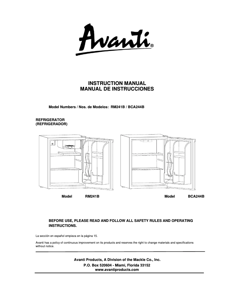 Page 1 de la notice Manuel utilisateur Avanti RM241B