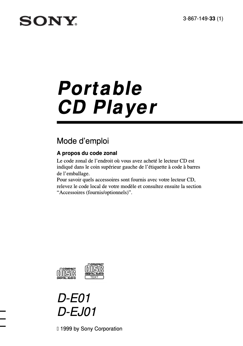 Page 1 de la notice Manuel utilisateur Sony D-EJ01