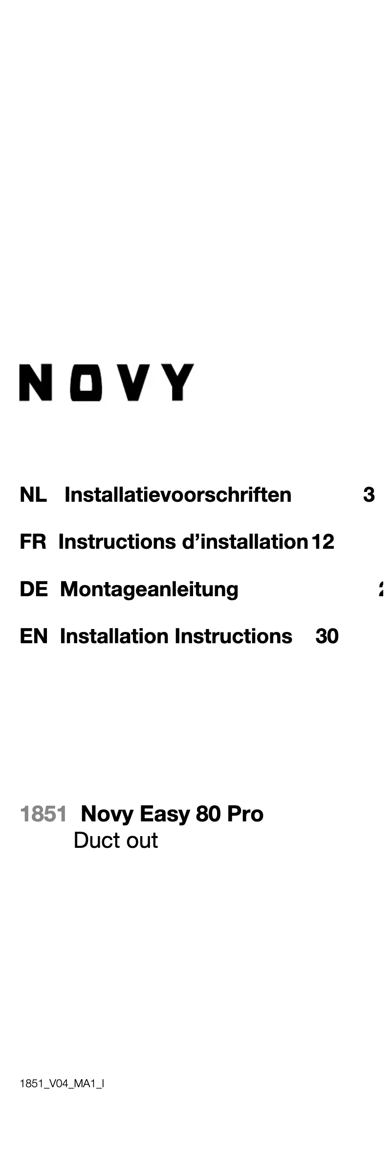 Page 1 de la notice Guide d'installation Novy Easy Pro 1851