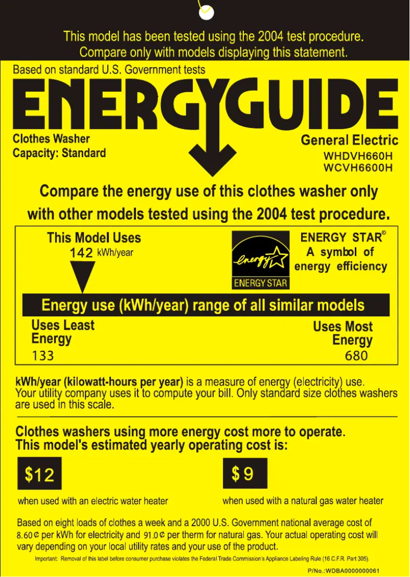 Página 1 del manual Etiqueta energética GE WCVH6600HWW