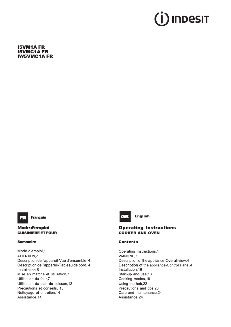 Page 1 de la notice Manuel utilisateur Indesit I5VMC1A(W) FR