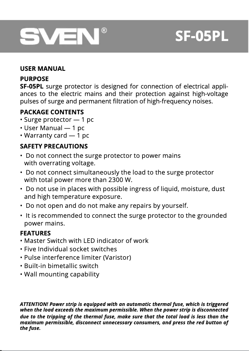 Page 1 de la notice Manuel utilisateur Sven SF-05PL