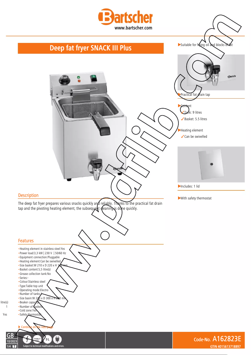Page 1 de la notice Fiche technique Bartscher SNACK III Plus A162823E