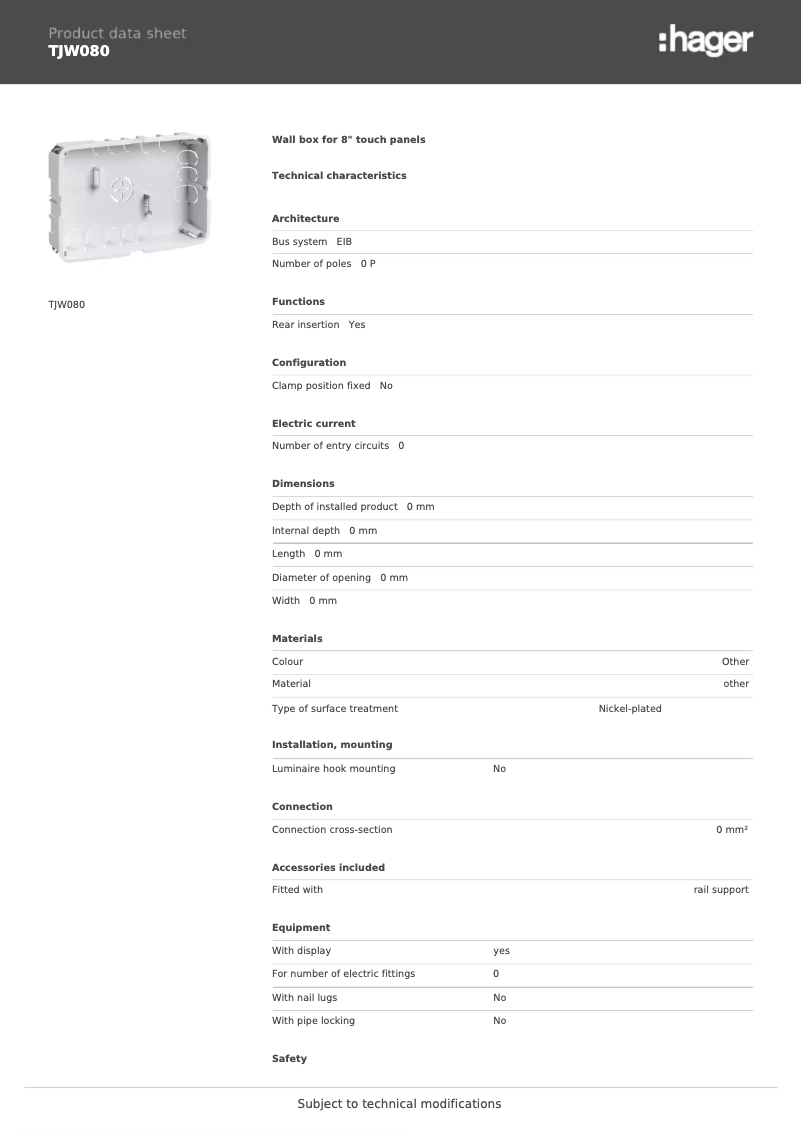 Page n°1 - Fiche technique Hager TJW080