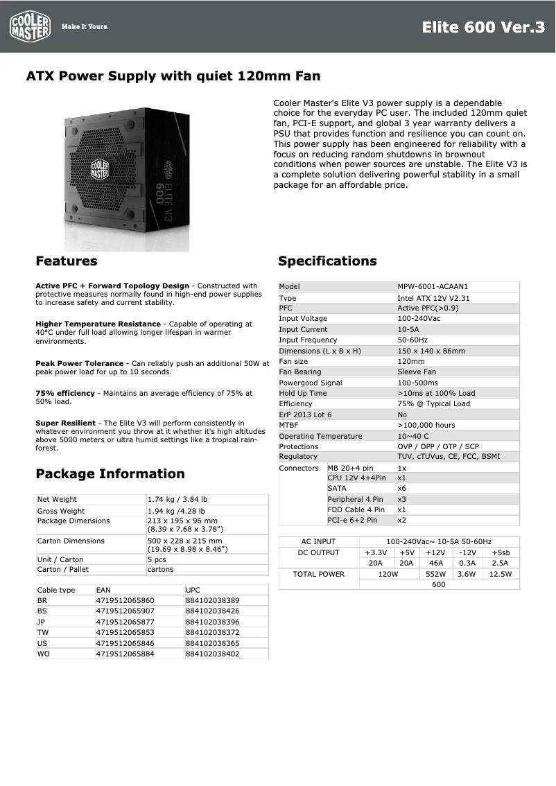 Page 1 de la notice Manuel utilisateur Cooler Master Elite V3