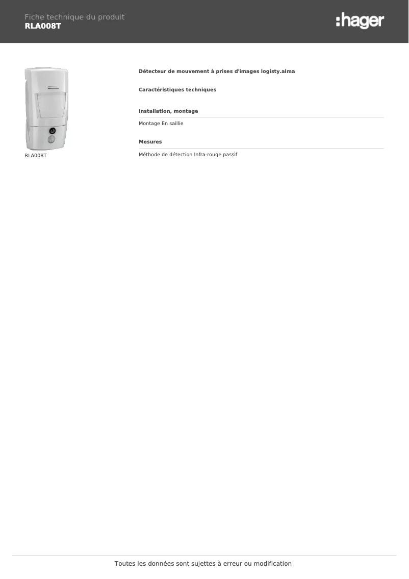 Page n°1 - Fiche technique Hager RLA008T