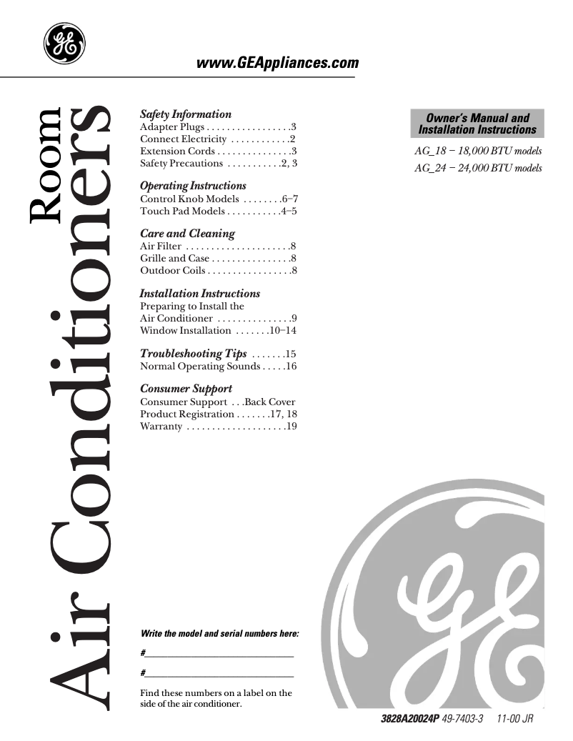 Page 1 of the manual User Manual GE AGP18DC