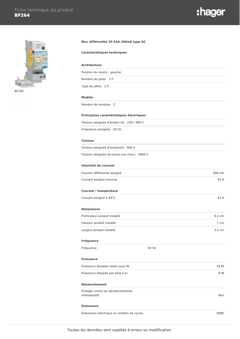 Page 1 de la notice Fiche technique Hager BF264