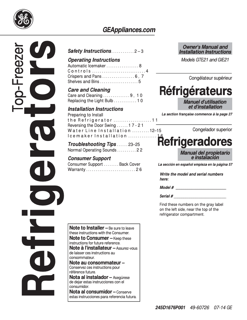 Image de la première page du manuel de l'appareil GTE21GTHWW