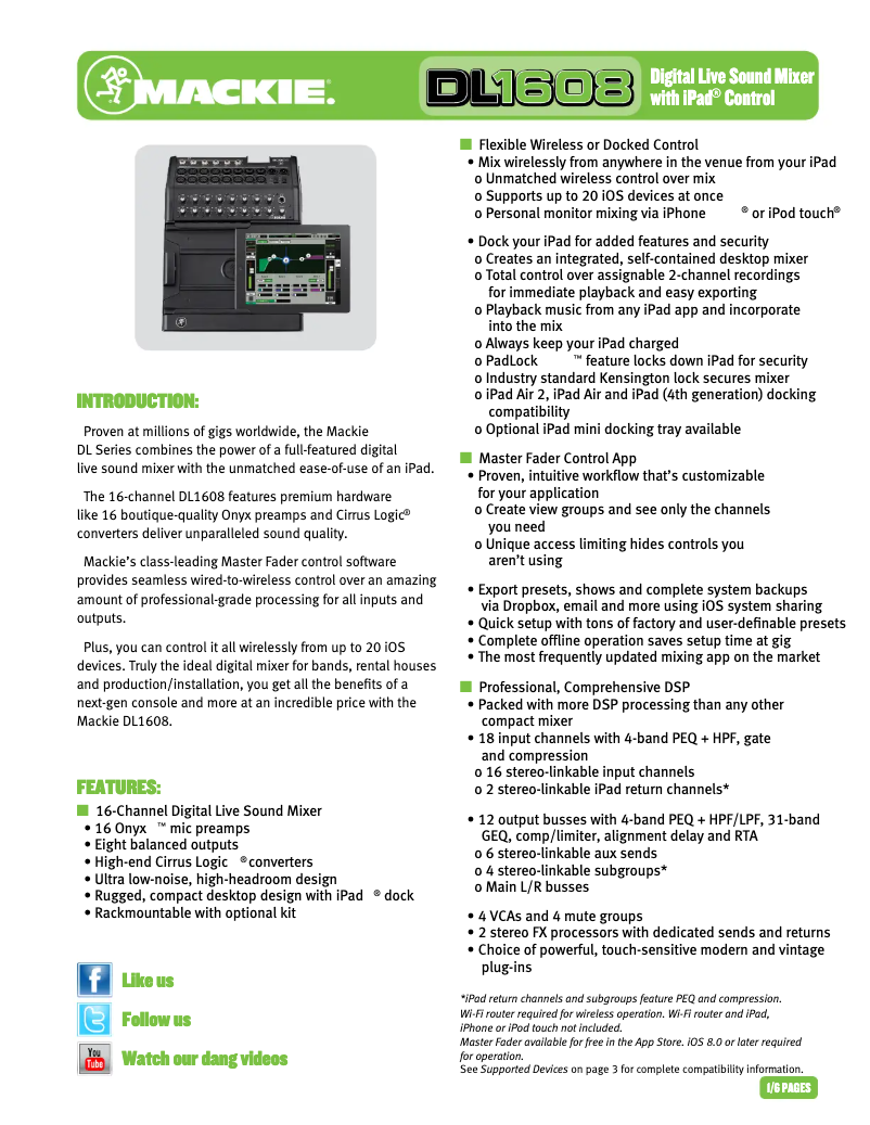 Page 1 of the manual Technical Sheet Mackie DL1608