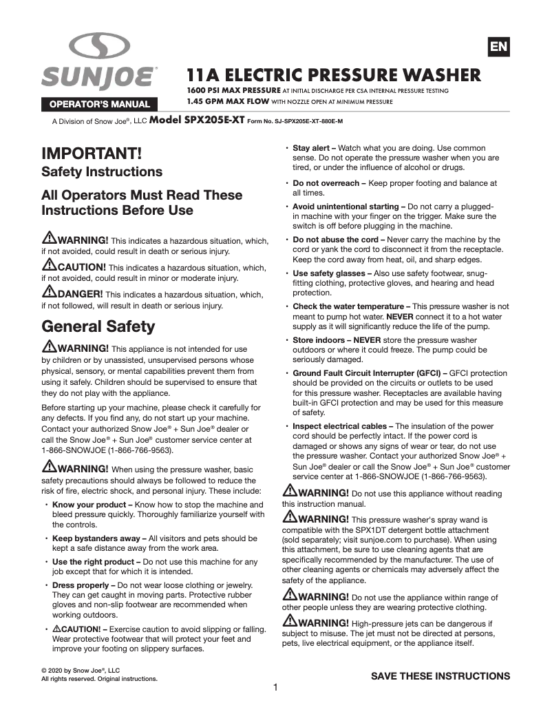 Page 1 de la notice Manuel utilisateur Sun Joe SPX205E-XT