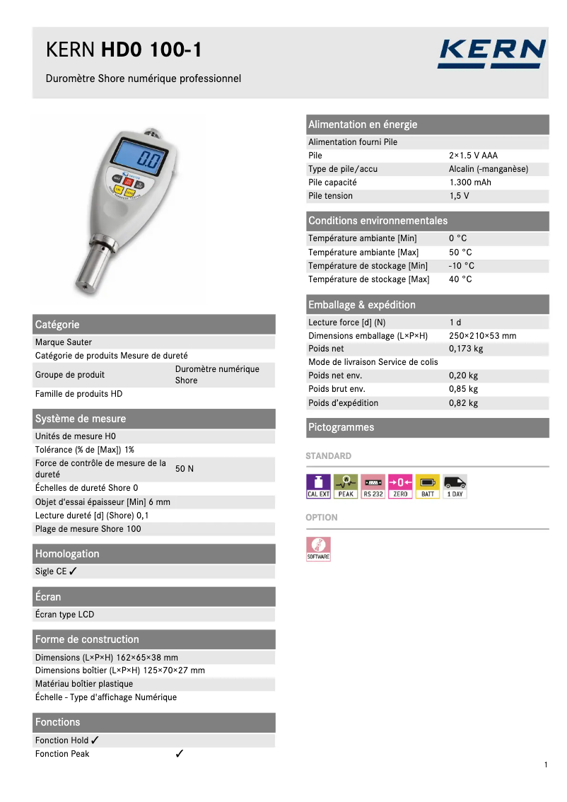 Page 1 de la notice Fiche technique Kern HD0 100-1