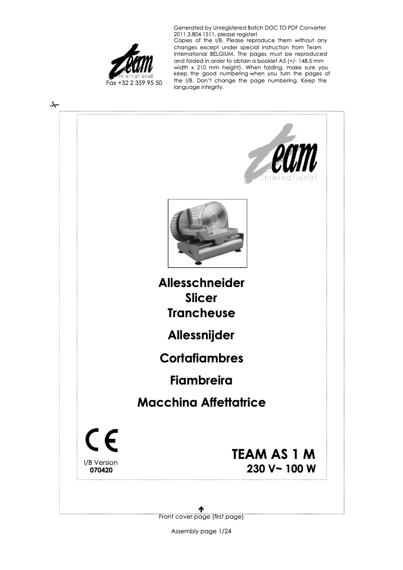 Page n°1 - Manuel utilisateur Team AS 1 M