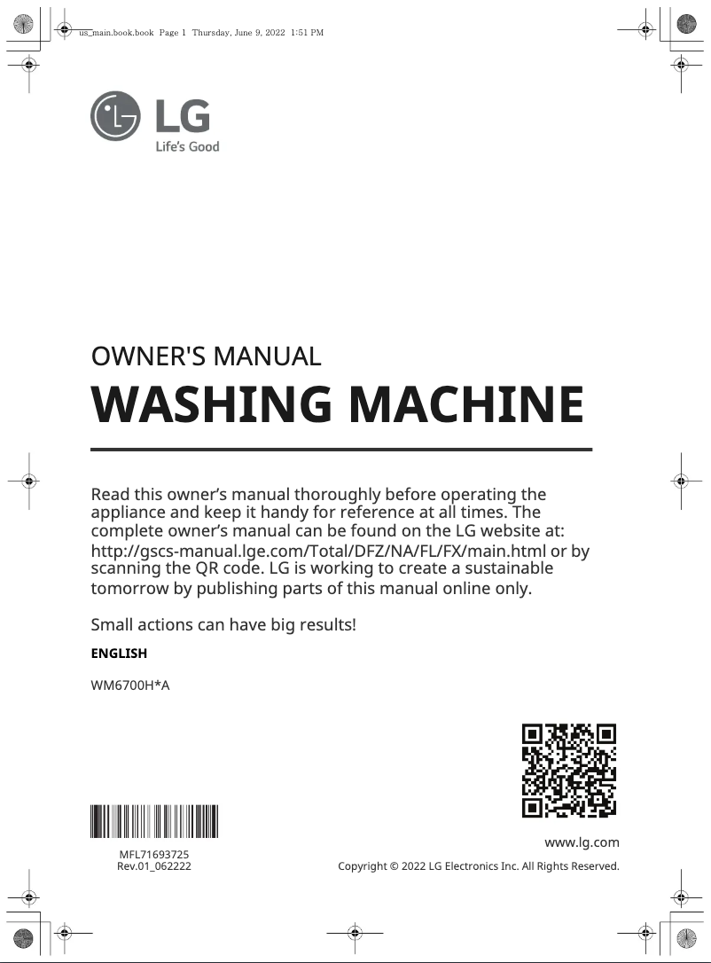 Page 1 de la notice Manuel utilisateur LG WM6700HBA