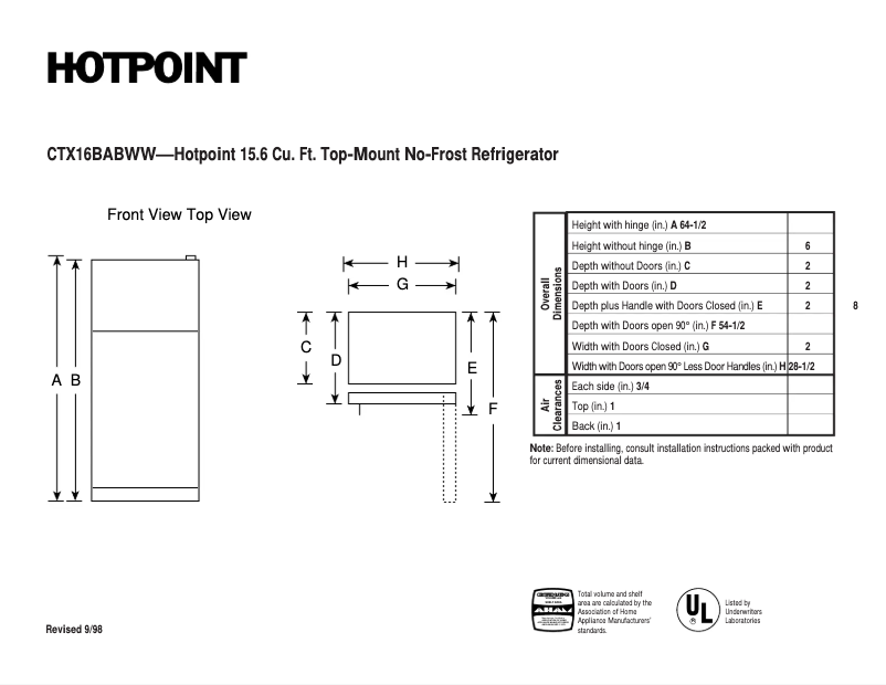 Page n°1 - Fiche technique Hotpoint CTX16BABWW
