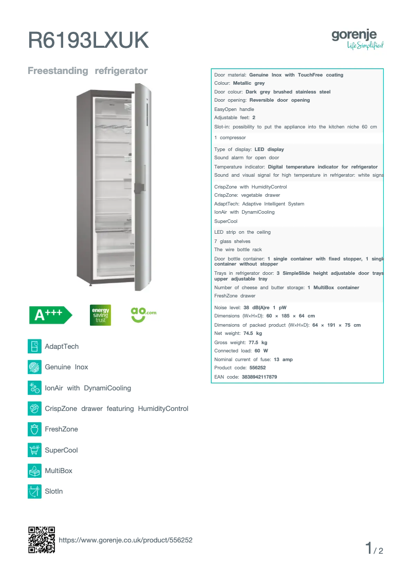 Page n°1 - Fiche technique Gorenje R6193LXUK