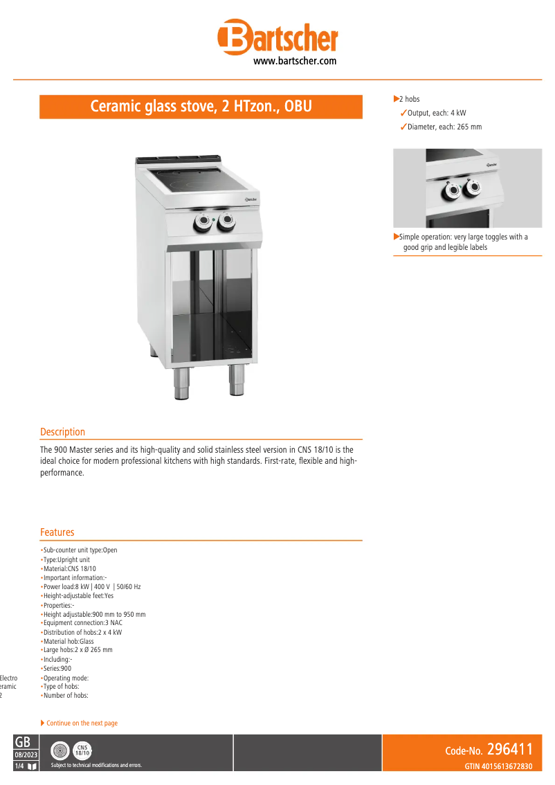 Page 1 de la notice Fiche technique Bartscher 296411
