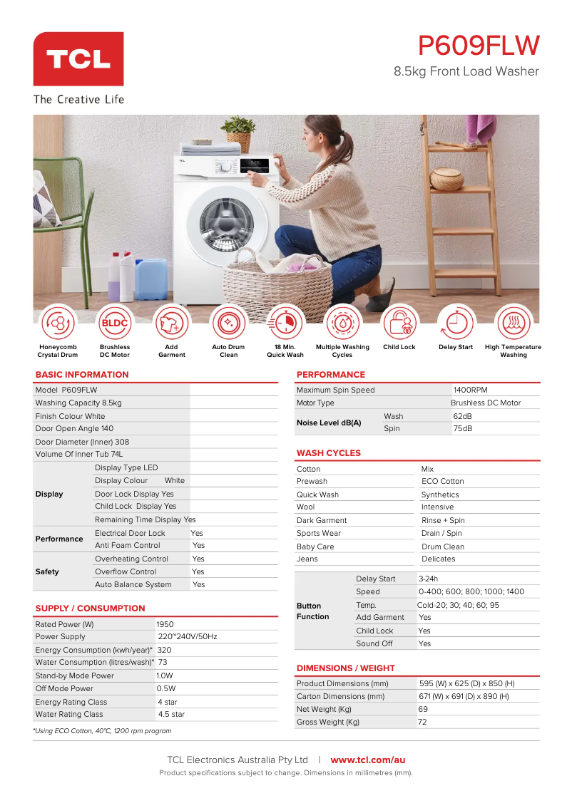 Page n°1 - Fiche technique TCL P609FLW