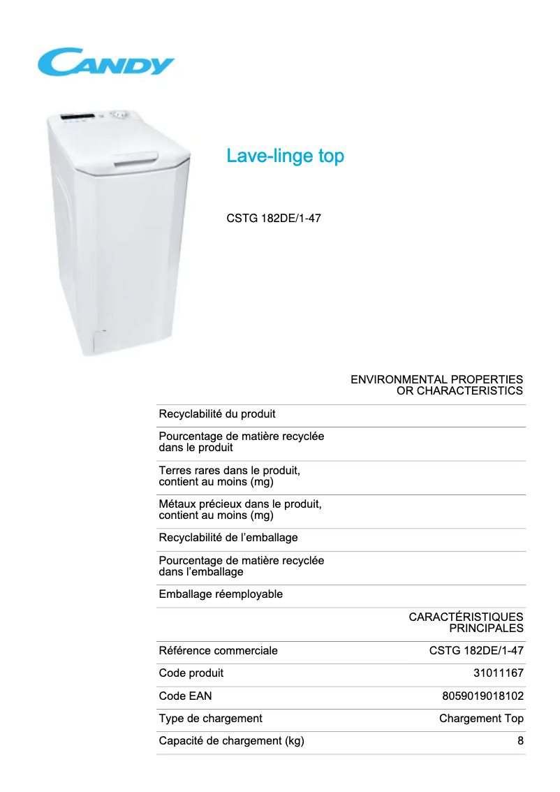 Page 1 de la notice Fiche technique Candy CSTG 182DE/1-47