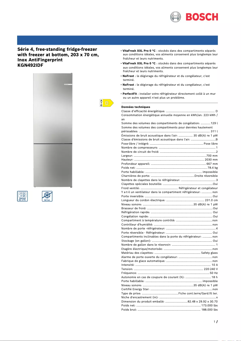 Page 1 of the manual Technical Sheet Bosch KGN492IDF