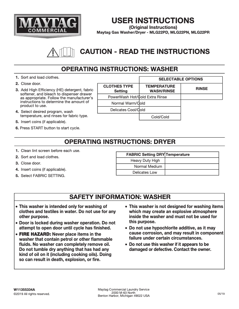 Page n°1 - Guide d'installation Maytag MLG22PDAWW