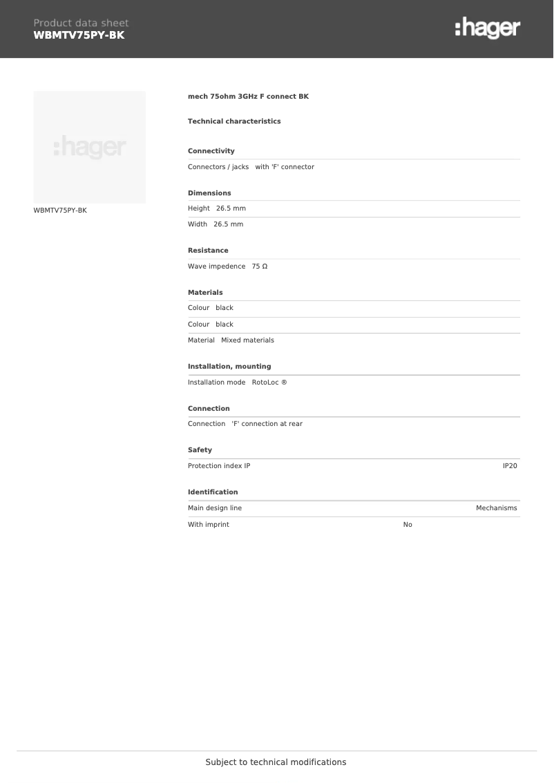 Page 1 de la notice Fiche technique Hager WBMTV75PY