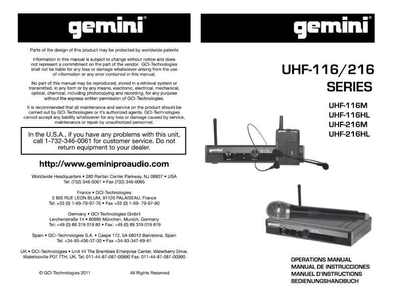 Page n°1 - Manuel utilisateur Gemini UHF-116M