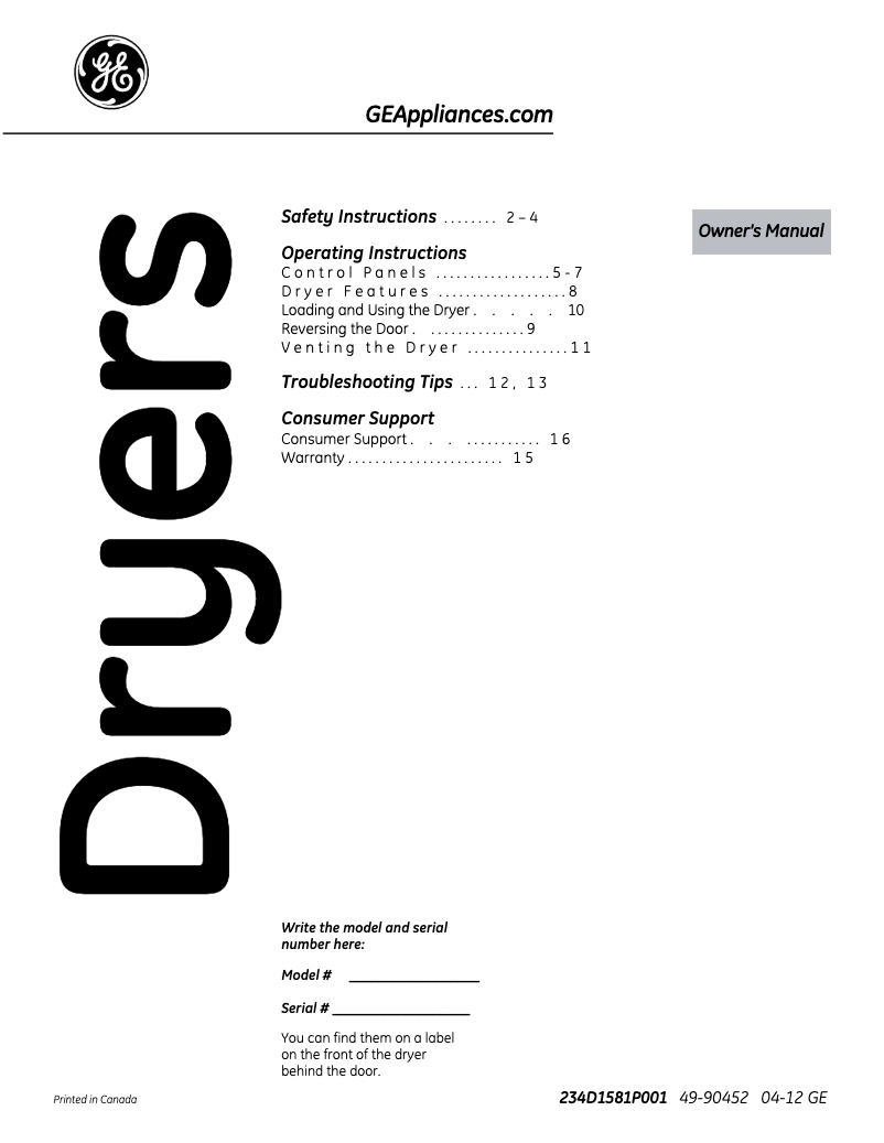 Page n°1 - Manuel d'utilisation et d'entretien GE GTDL210EDWW