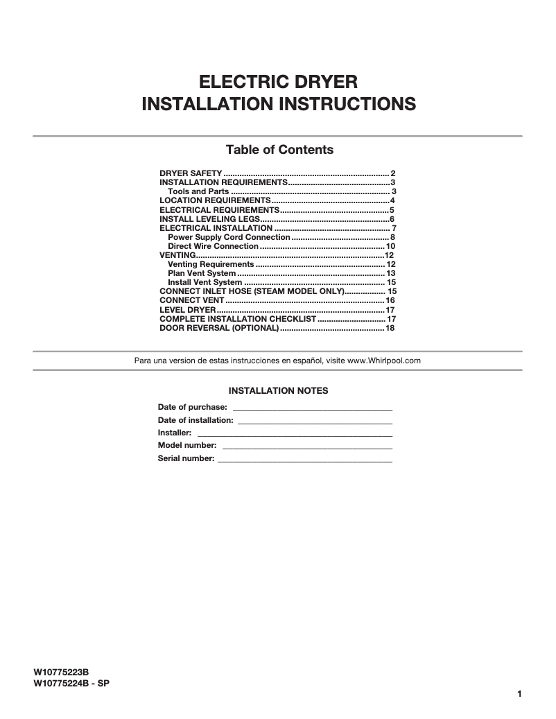 Page n°1 - Guide d'installation Maytag MED5500F