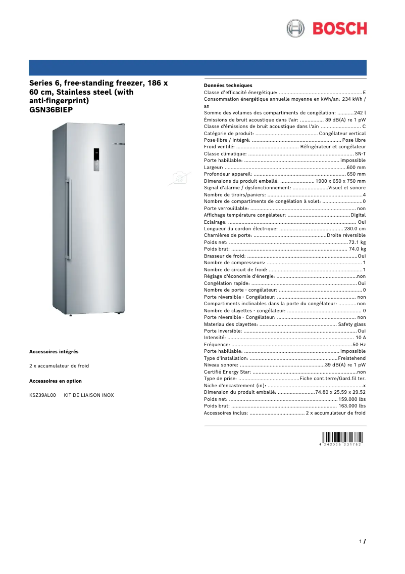 Page n°1 - Fiche technique Bosch GSN36BIEP