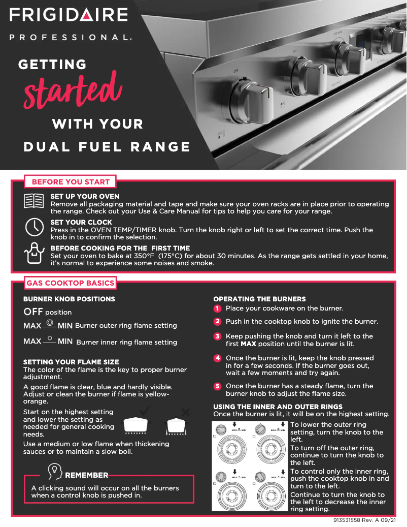 Page 1 de la notice Guide de démarrage rapide Frigidaire PCFD3670AF