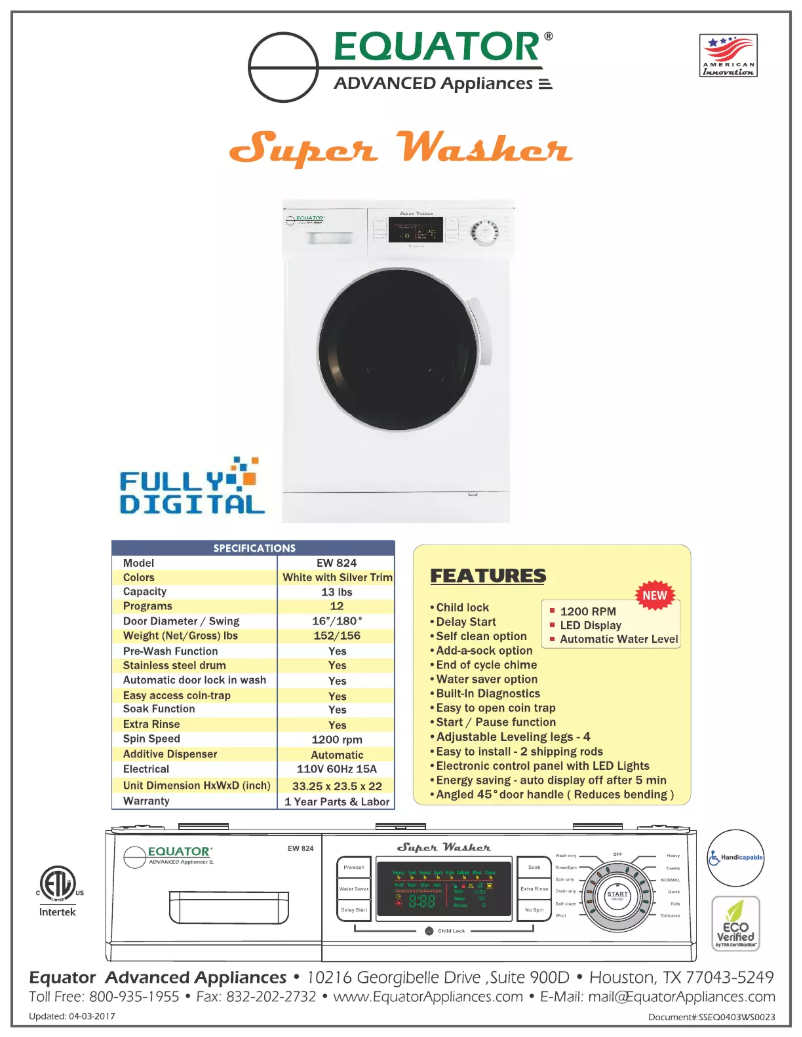 Page 1 de la notice Fiche technique Equator EW824NED850