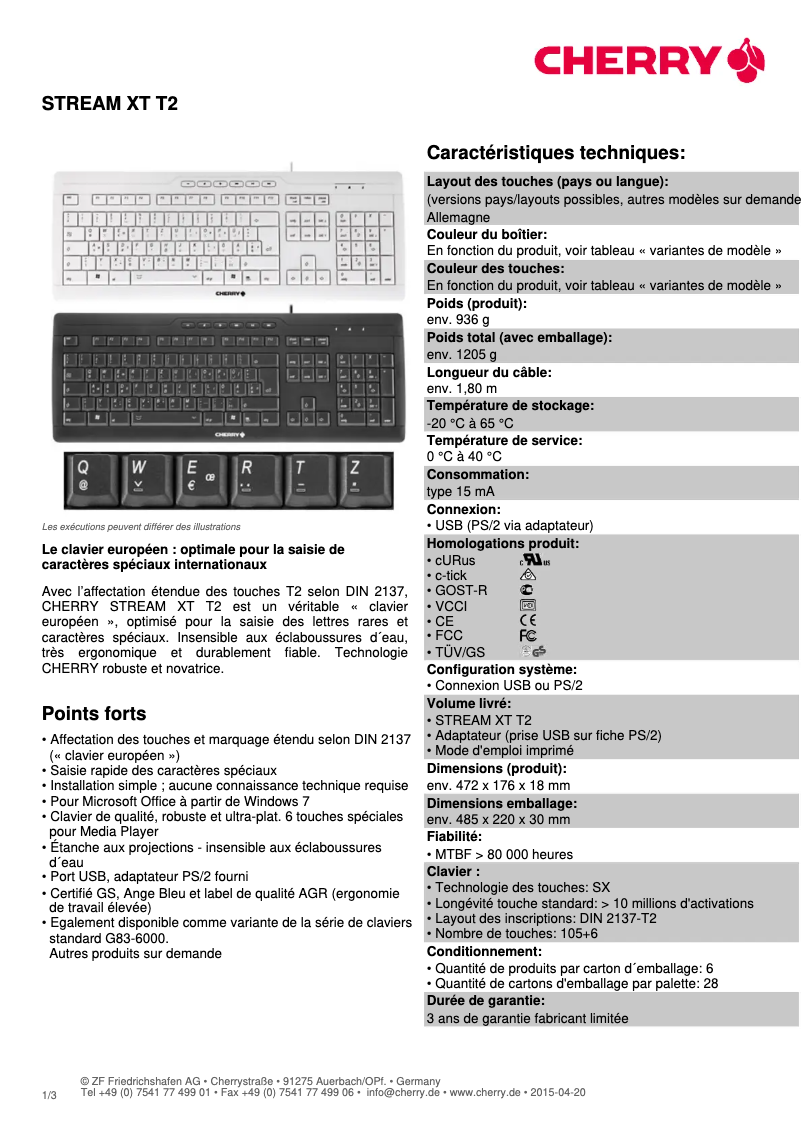 Página 1 del manual Ficha técnica Cherry Stream XT T2