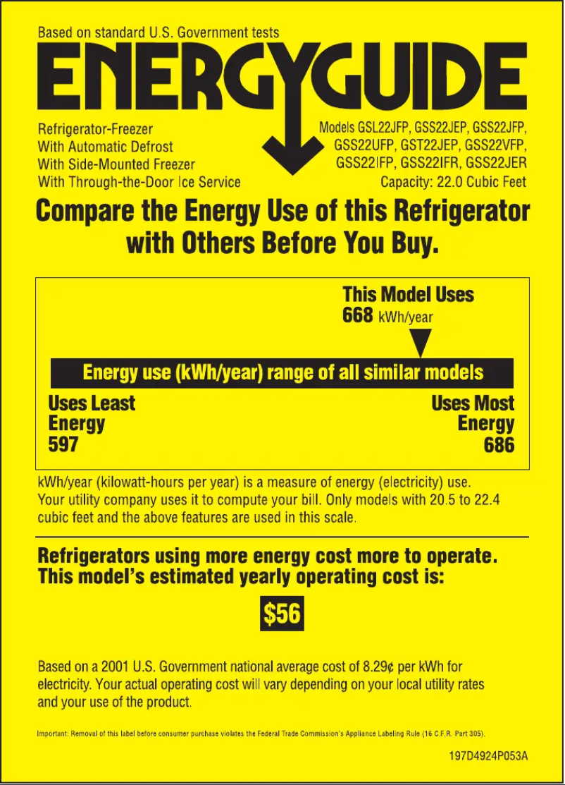 Page 1 de la notice Label énergétique GE GSS22JFPWW