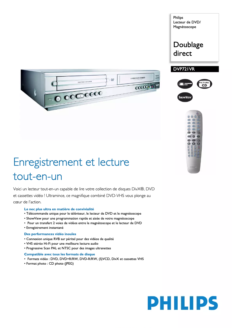 Page 1 of the manual Technical Sheet Philips DVP721VR