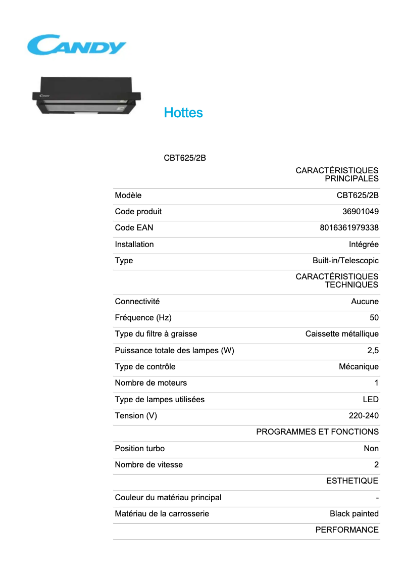 Page 1 de la notice Fiche technique Candy CBT625/2B