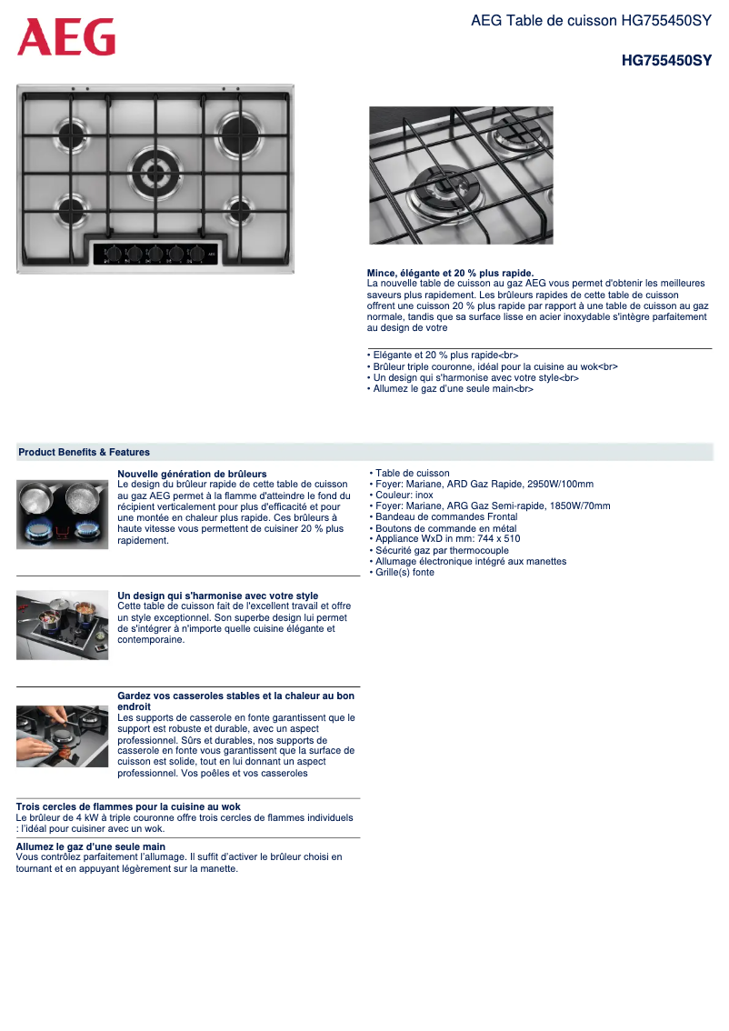 Page 1 de la notice Dessin technique AEG HG755450SY