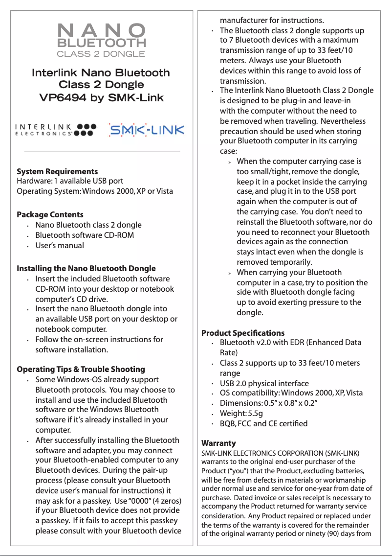 Page 1 de la notice Manuel utilisateur SMK-Link VP6493