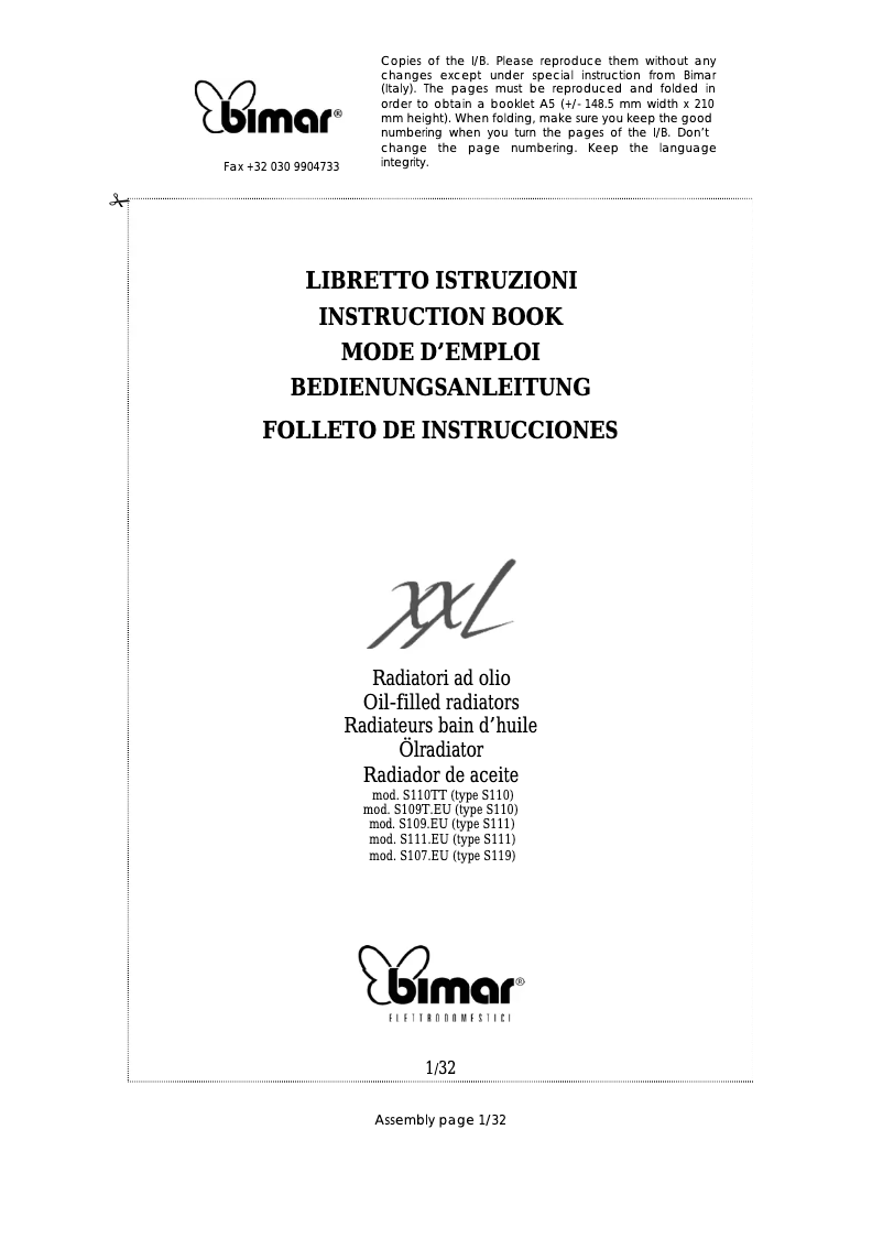 Page 1 de la notice Manuel utilisateur Bimar S109T.EU