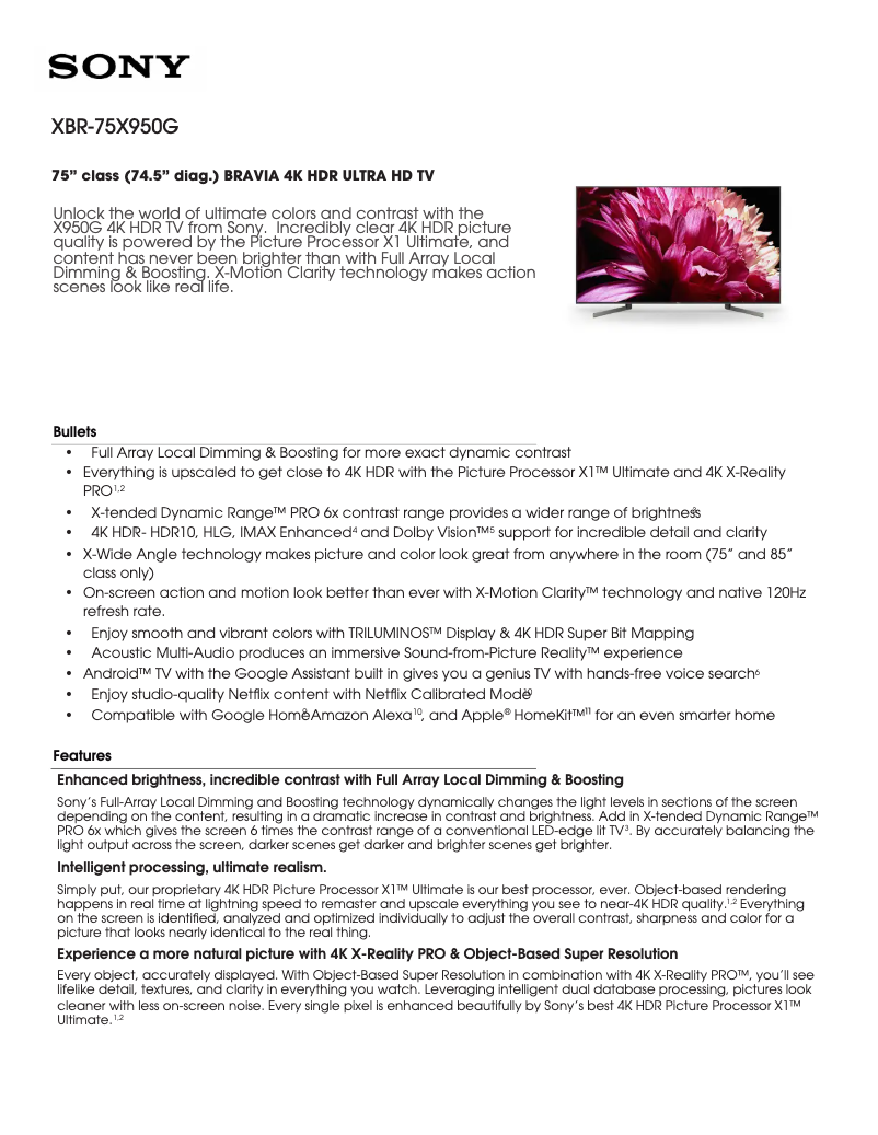 Page 1 de la notice Fiche technique Sony XBR75X950G