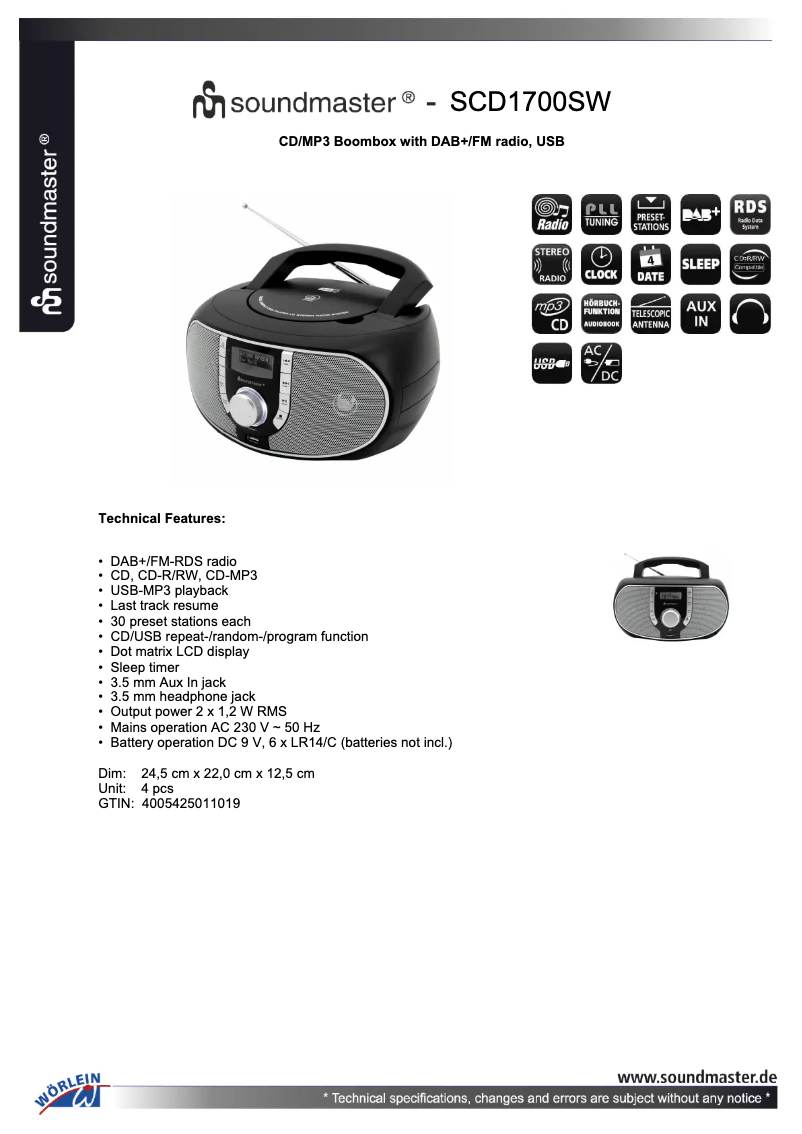 Page 1 de la notice Fiche technique Soundmaster SCD1700