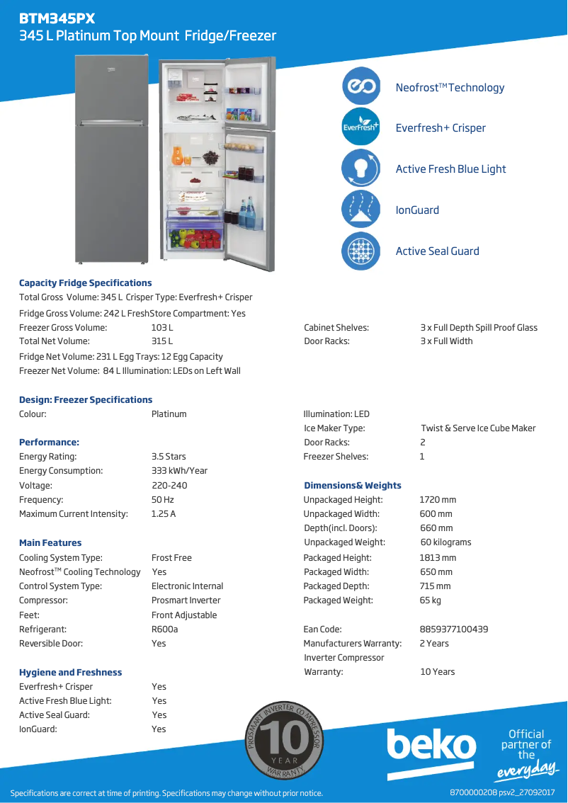 Page 1 de la notice Fiche technique Beko BTM345PX