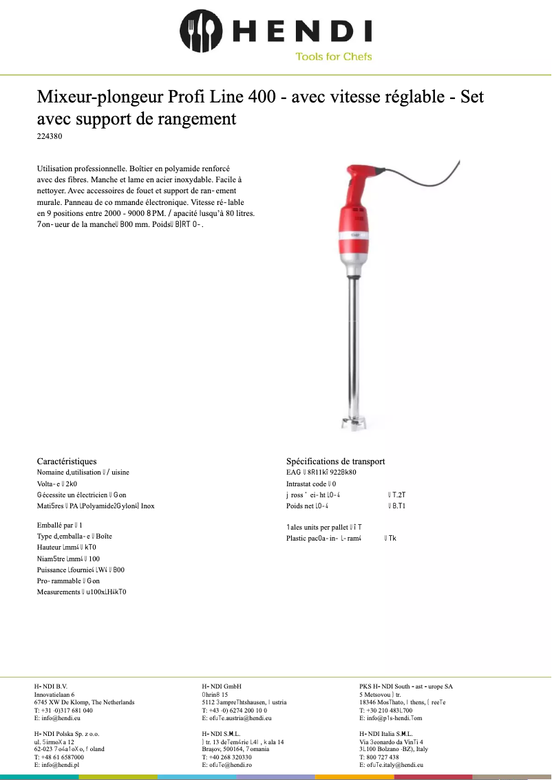 Page 1 de la notice Fiche technique Hendi 224380
