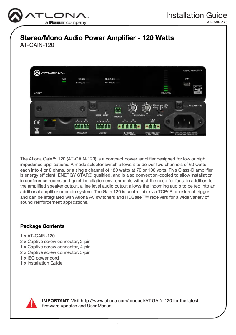 Página 1 del manual Guía de instalación Atlona AT-GAIN-120