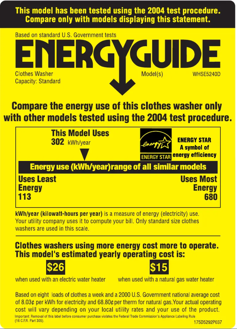 Page 1 de la notice Label énergétique GE WHSE5240DWW