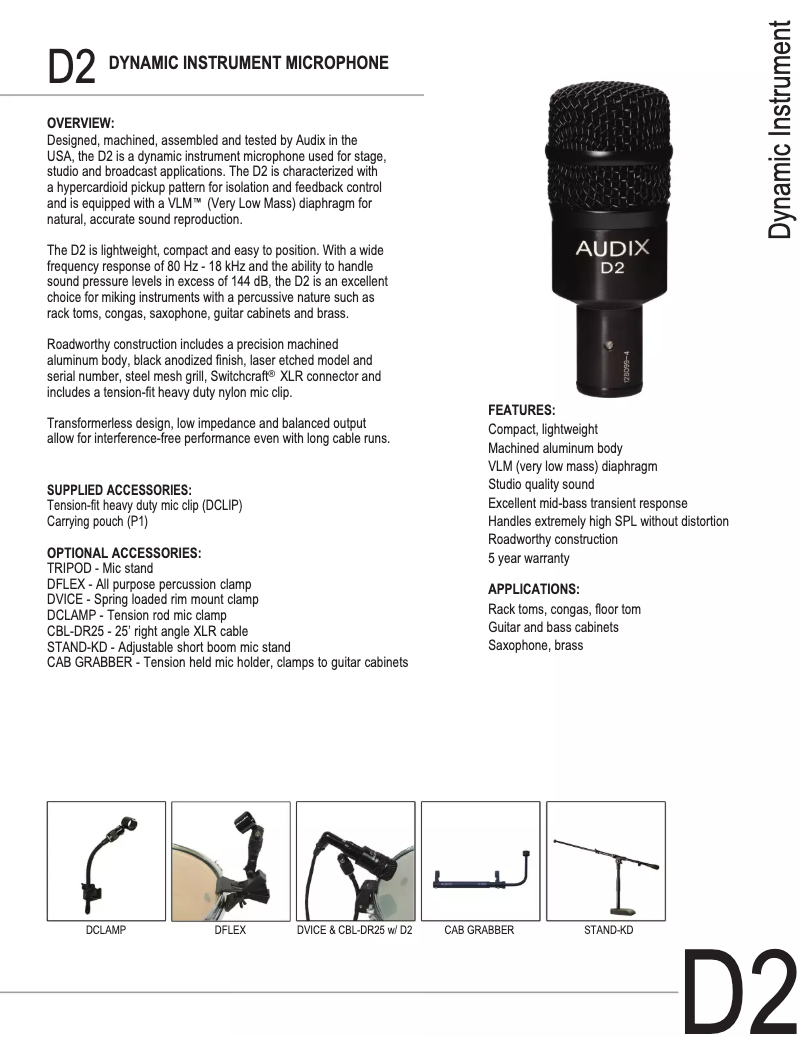Page 1 de la notice Manuel utilisateur Audix D2