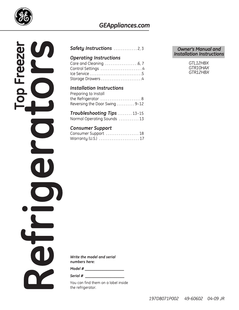 Page n°1 - Guide d'installation GE GTR12HAXRWW